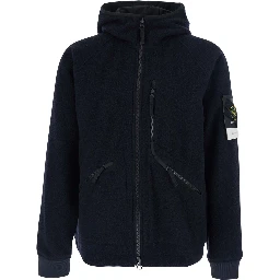 Blue Jacket with Fixed Hood and Logo Patch on the Sleeve in Fleece Man