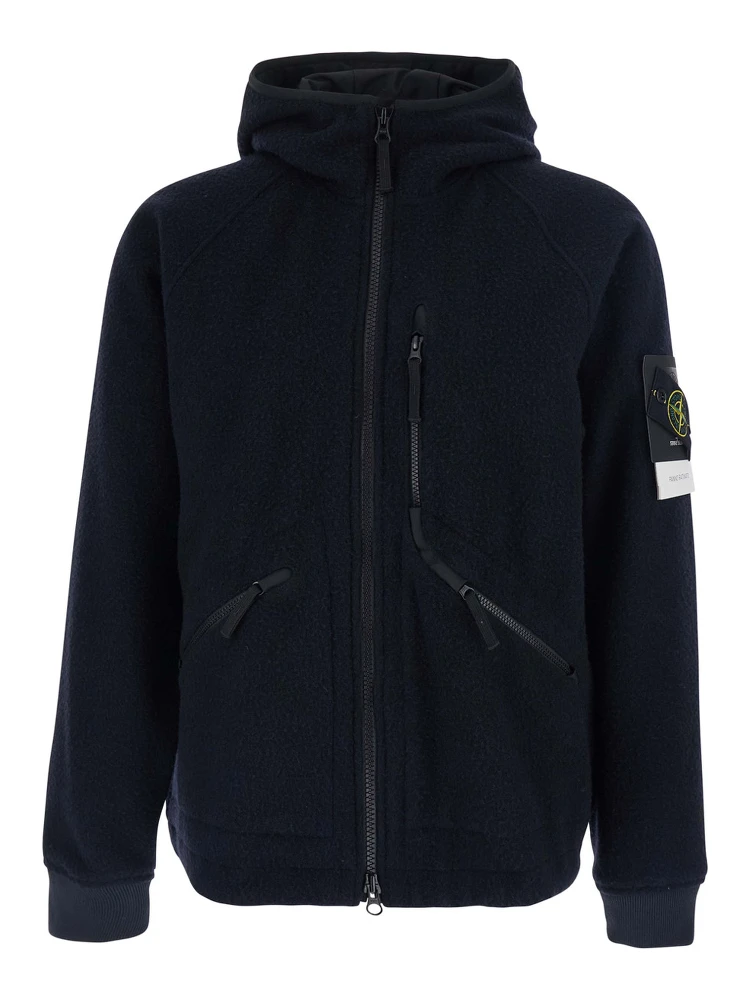 Blue Jacket with Fixed Hood and Logo Patch on the Sleeve in Fleece Man