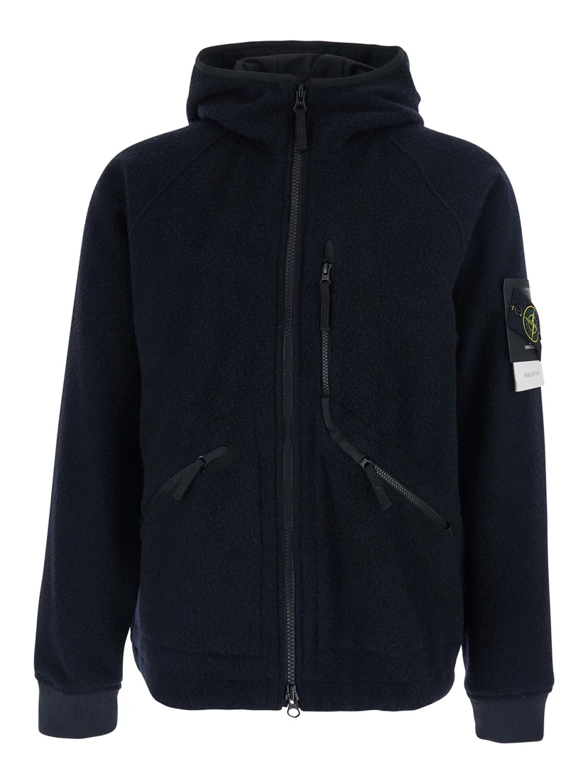 Blue Jacket with Fixed Hood and Logo Patch on the Sleeve in Fleece Man