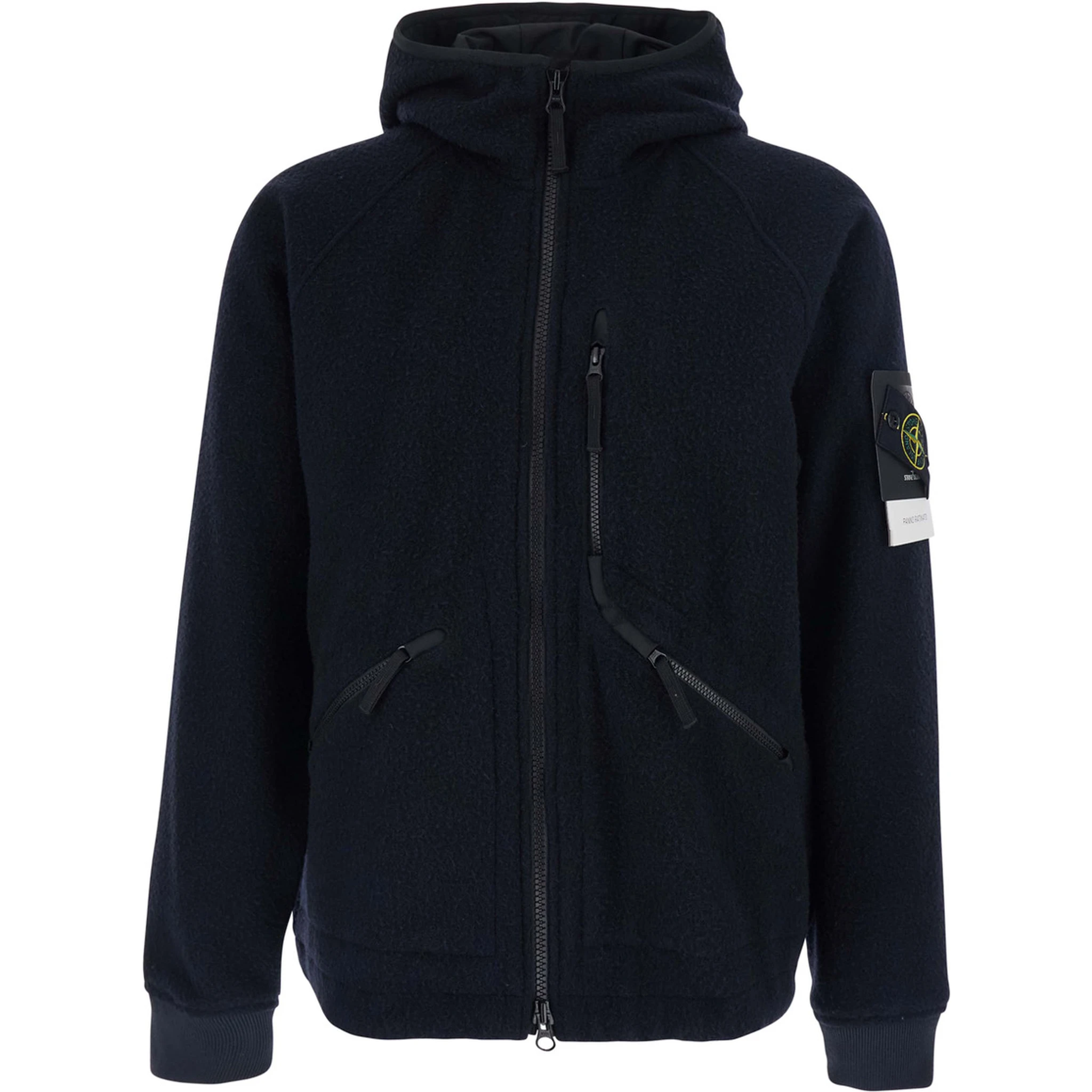 Blue Jacket with Fixed Hood and Logo Patch on the Sleeve in Fleece Man