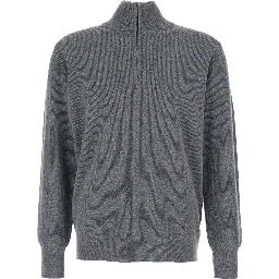 Grey Ribbed Knit Sweater with High Neck and Half Zip Closure in Wool Man