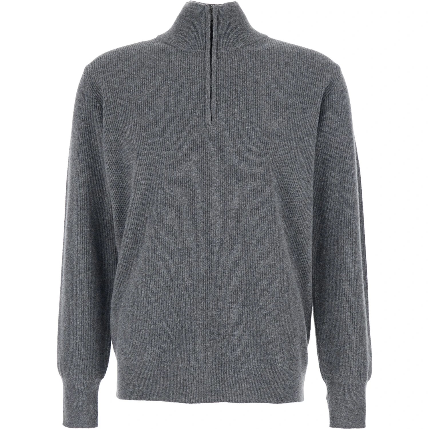 Grey Ribbed Knit Sweater with High Neck and Half Zip Closure in Wool Man