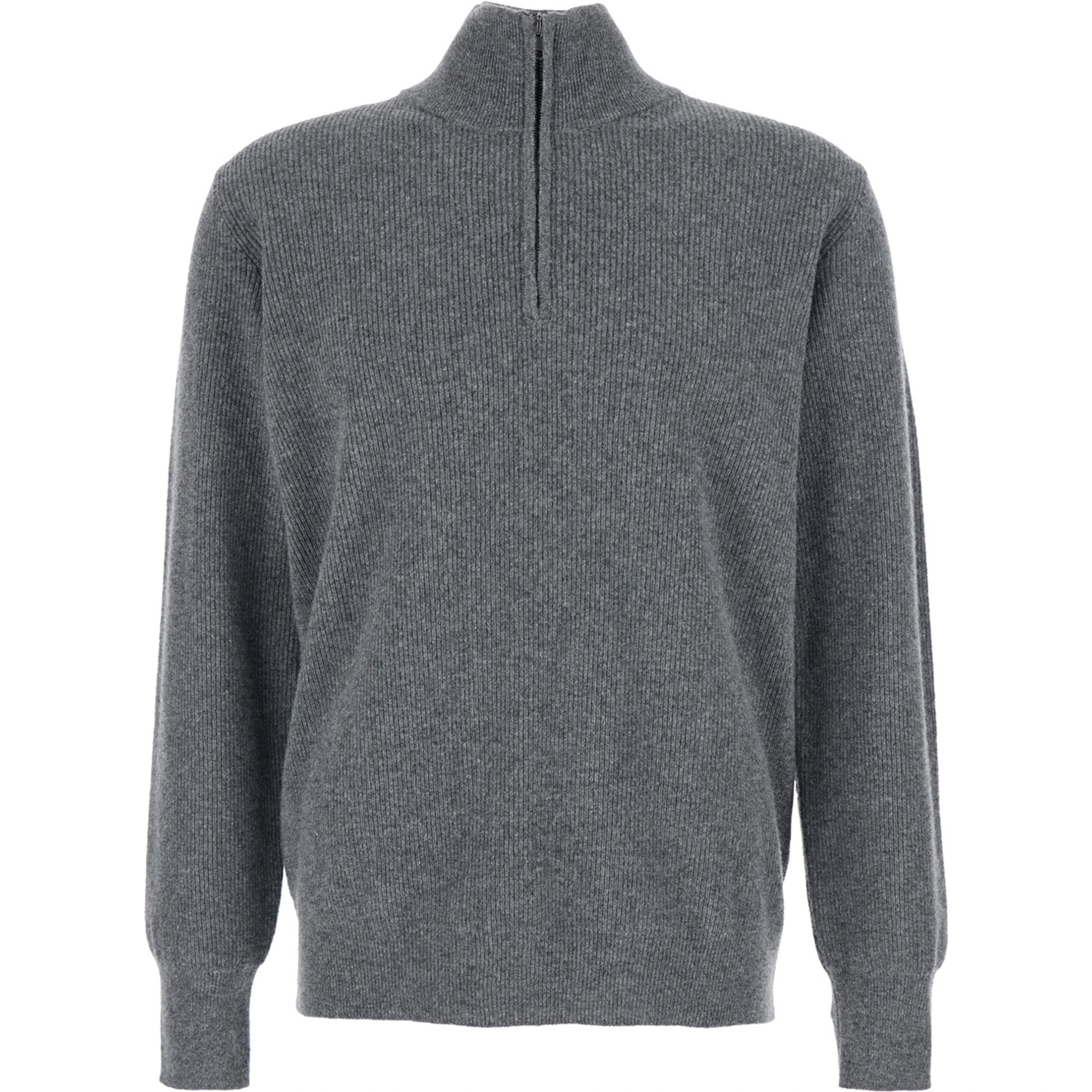 Grey Ribbed Knit Sweater with High Neck and Half Zip Closure in Wool Man