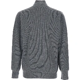 Grey Ribbed Knit Sweater with High Neck and Half Zip Closure in Wool Man
