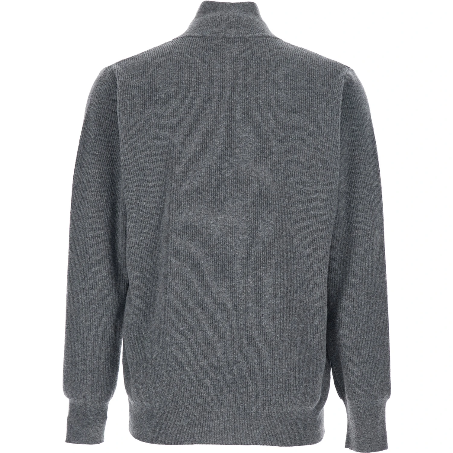 Grey Ribbed Knit Sweater with High Neck and Half Zip Closure in Wool Man