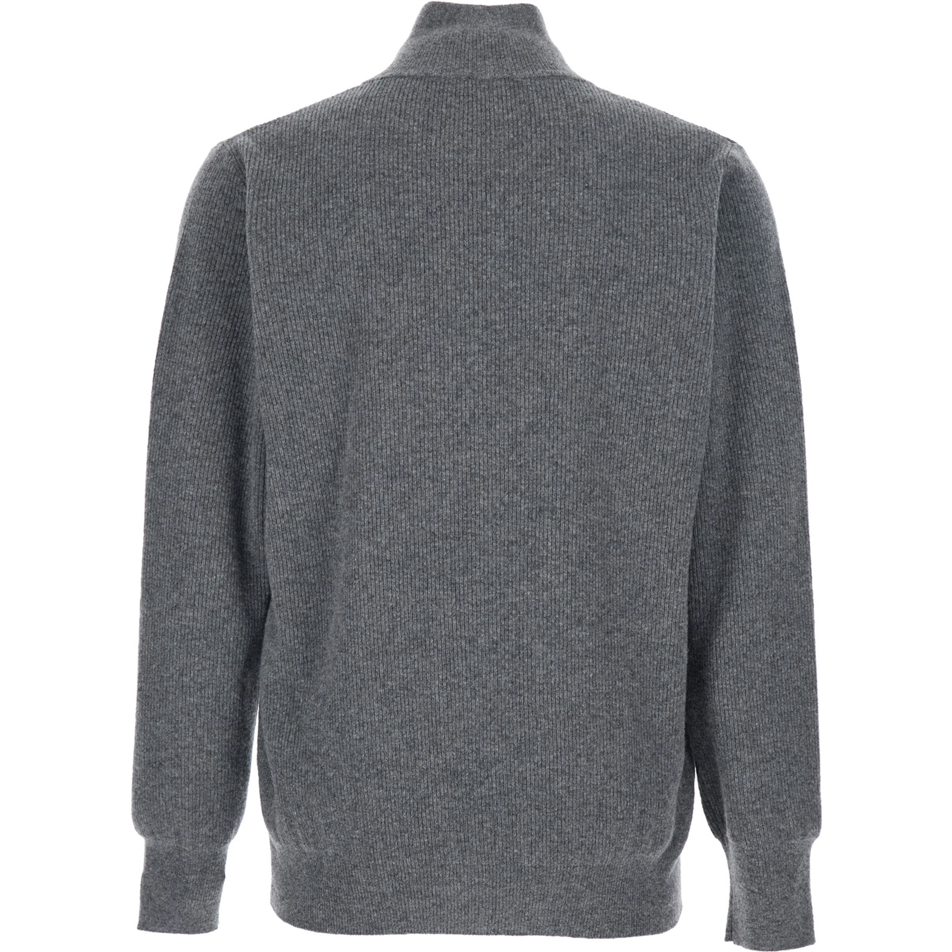 Grey Ribbed Knit Sweater with High Neck and Half Zip Closure in Wool Man