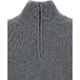 Grey Ribbed Knit Sweater with High Neck and Half Zip Closure in Wool Man