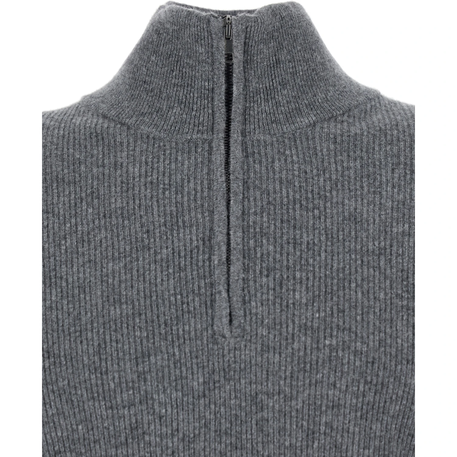 Grey Ribbed Knit Sweater with High Neck and Half Zip Closure in Wool Man
