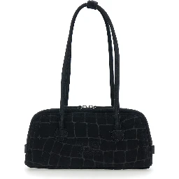 Boston Black Shoulder Bag with Embossed Logo Lettering on the Front in Suede Woman