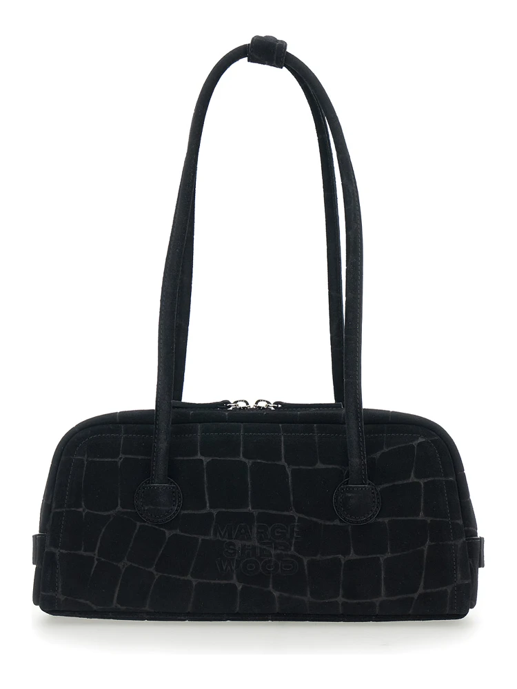 Boston Black Shoulder Bag with Embossed Logo Lettering on the Front in Suede Woman