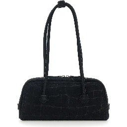 Boston Black Shoulder Bag with Embossed Logo Lettering on the Front in Suede Woman
