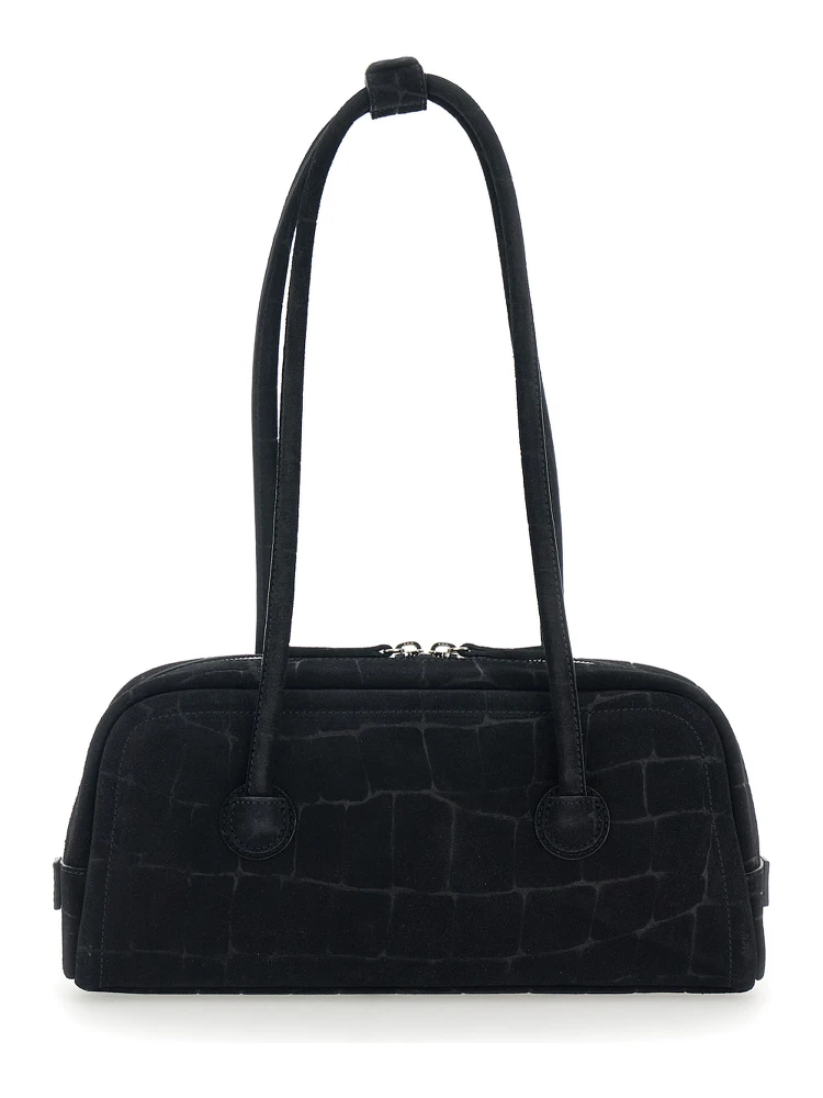 Boston Black Shoulder Bag with Embossed Logo Lettering on the Front in Suede Woman alternative