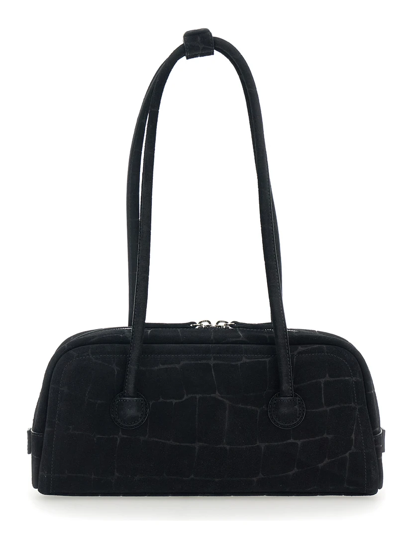 Boston Black Shoulder Bag with Embossed Logo Lettering on the Front in Suede Woman