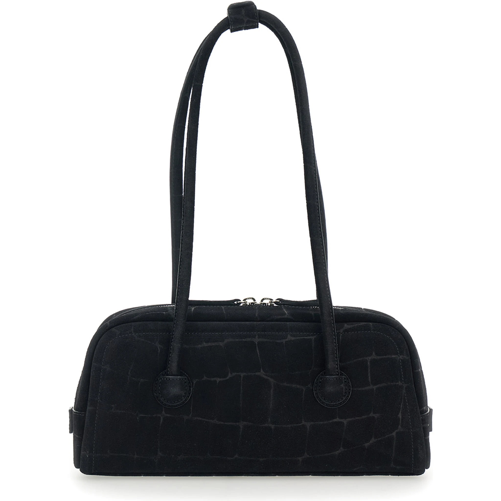 Boston Black Shoulder Bag with Embossed Logo Lettering on the Front in Suede Woman