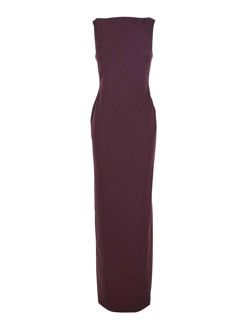 Bordeaux Long Dress with Square Neckline and Cut Out on the Back in Fabric Woman