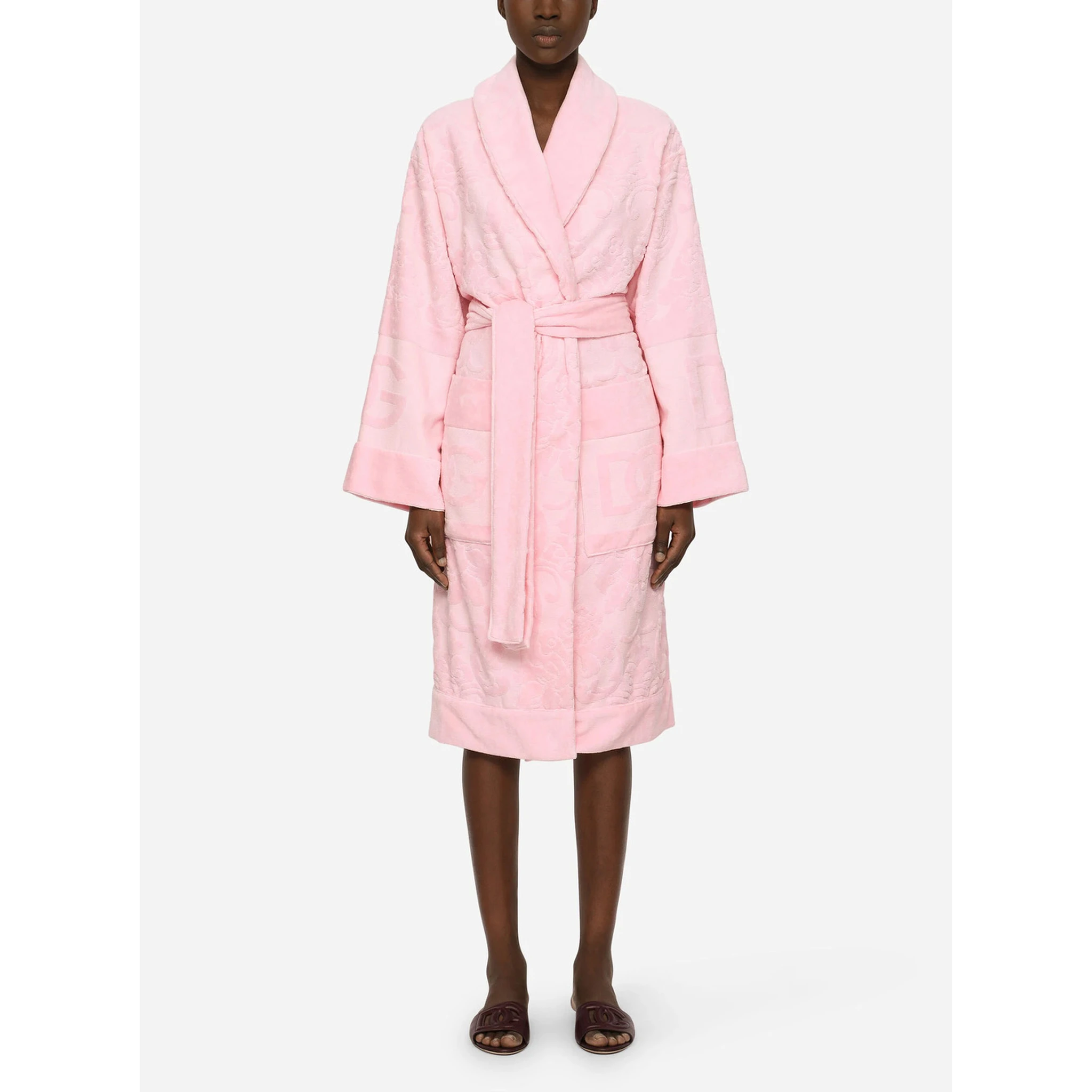 Pink Bathrobe with Front Belt Closure and Two Front Maxi Patch Pockets in Cotton Home