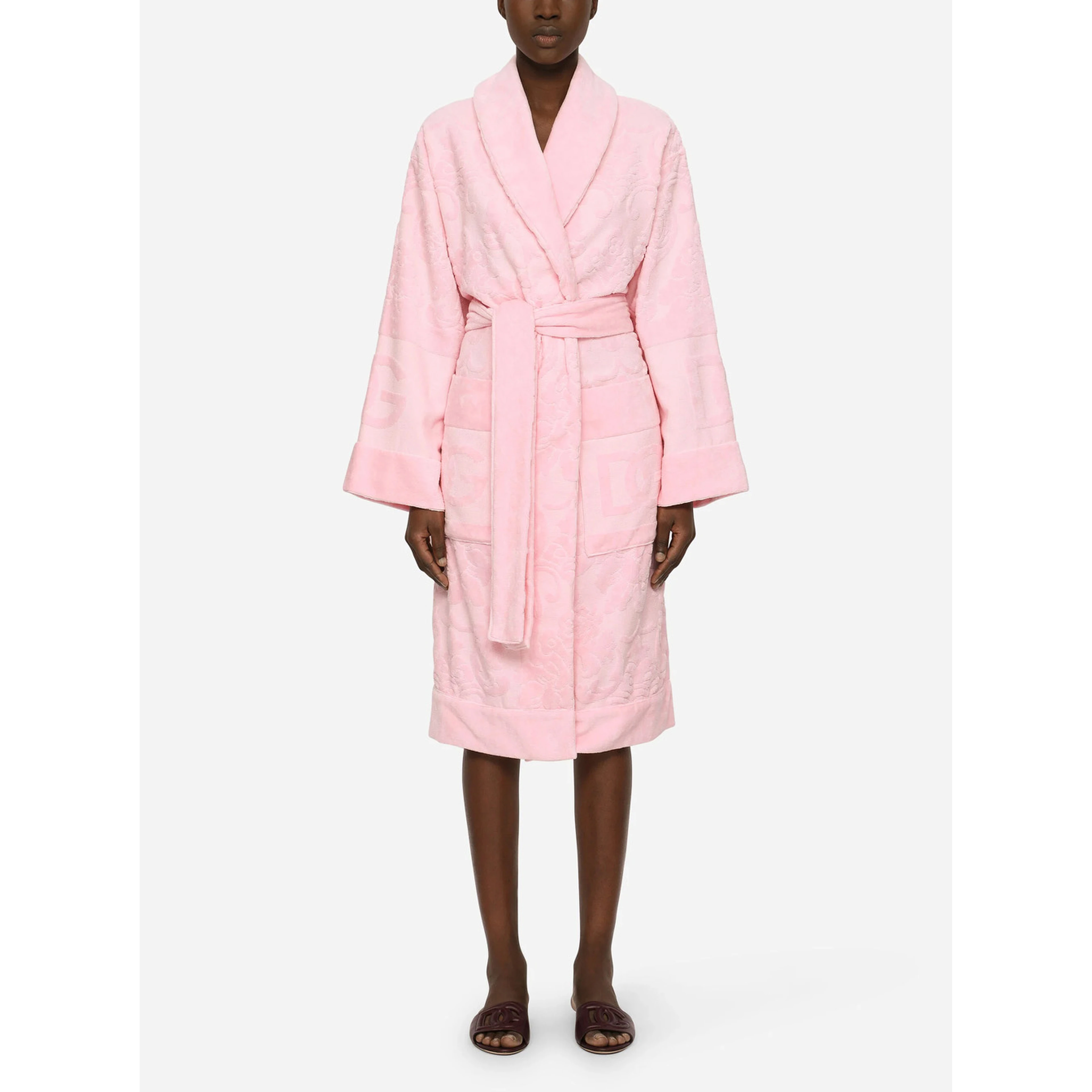 Pink Bathrobe with Front Belt Closure and Two Front Maxi Patch Pockets in Cotton Home