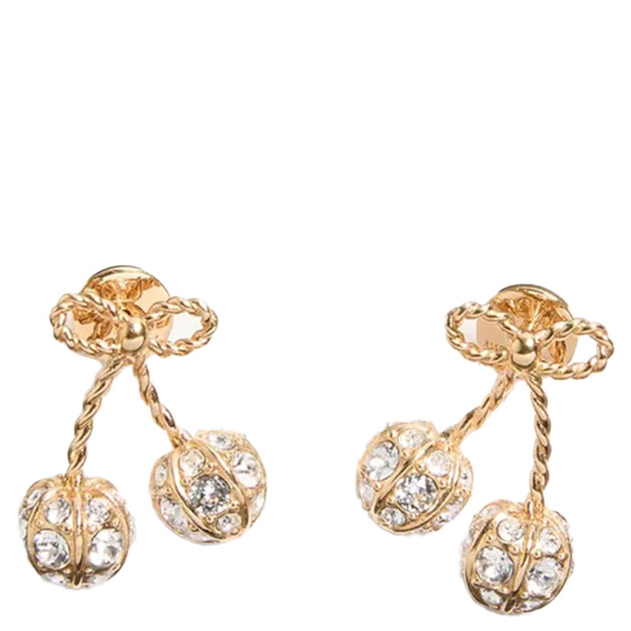Cold Coloured Earings with Cherry Design ans Crystal Embellishments in Gold Plated Metal Woman