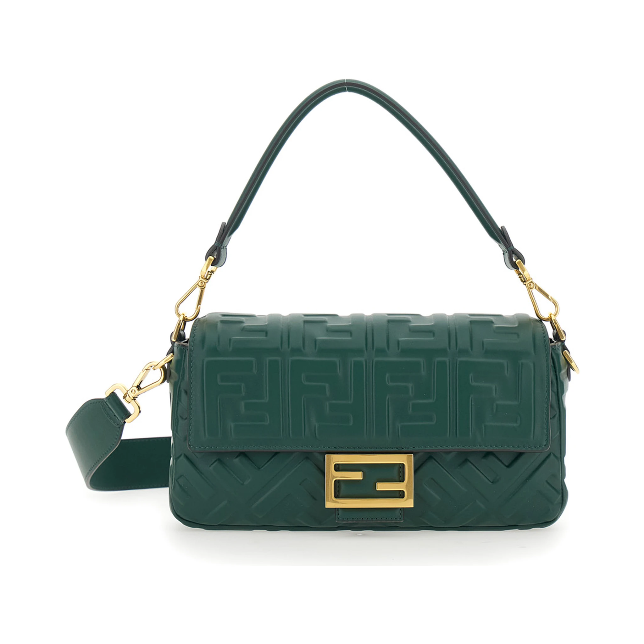 Baguette Green Shoulder Bag with Removable Shoulder Strap in FF Canvas Woman