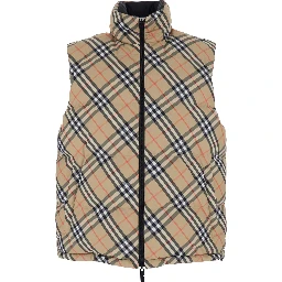 Beige Sleeveless Reversible Down Jacket with High Neck and All-Over Check Motif in Tech Fabric Man