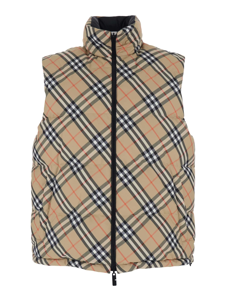 Beige Sleeveless Reversible Down Jacket with High Neck and All-Over Check Motif in Tech Fabric Man