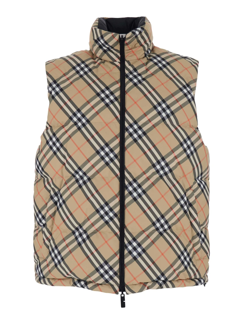 Beige Sleeveless Reversible Down Jacket with High Neck and All-Over Check Motif in Tech Fabric Man