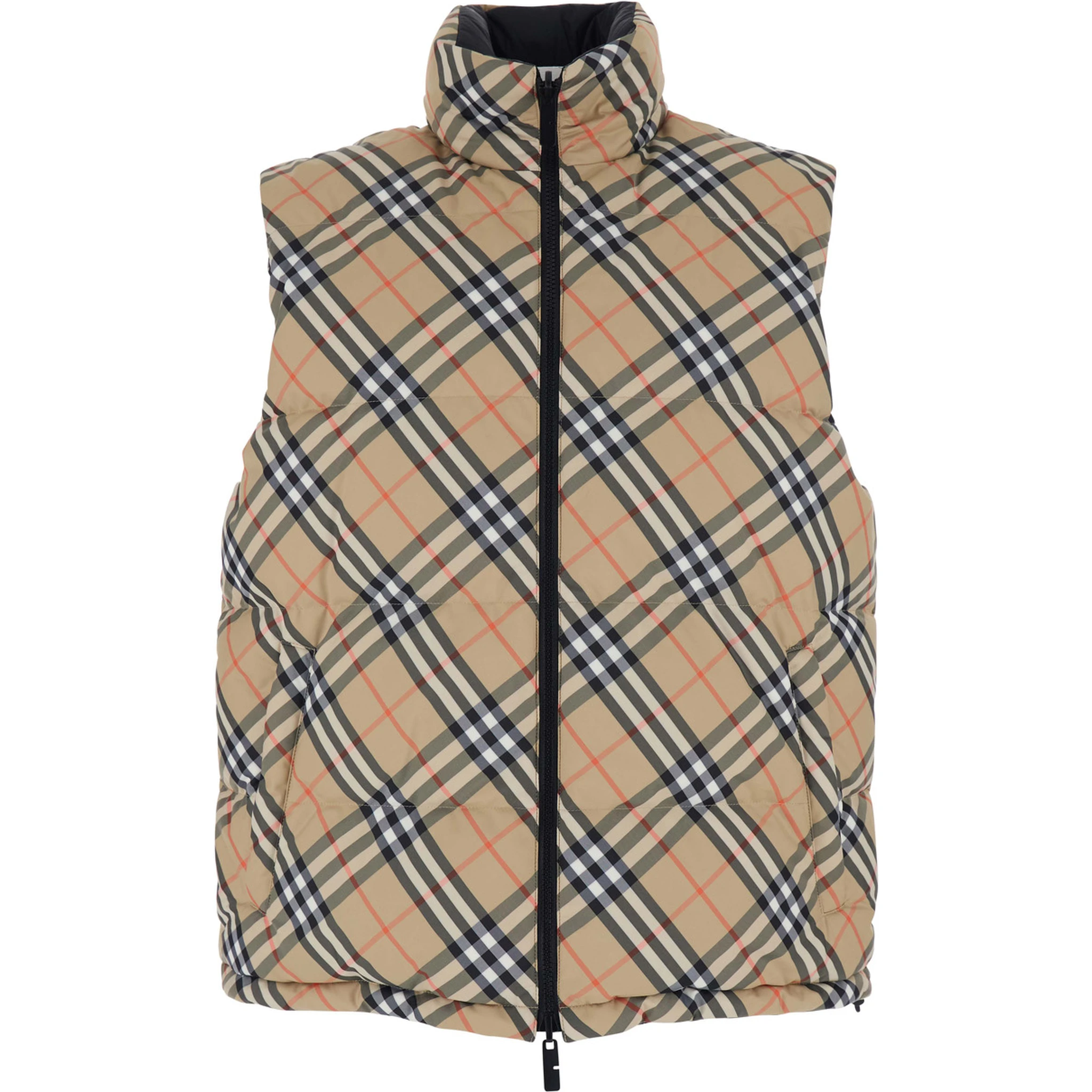 Beige Sleeveless Reversible Down Jacket with High Neck and All-Over Check Motif in Tech Fabric Man