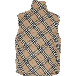 Beige Sleeveless Reversible Down Jacket with High Neck and All-Over Check Motif in Tech Fabric Man