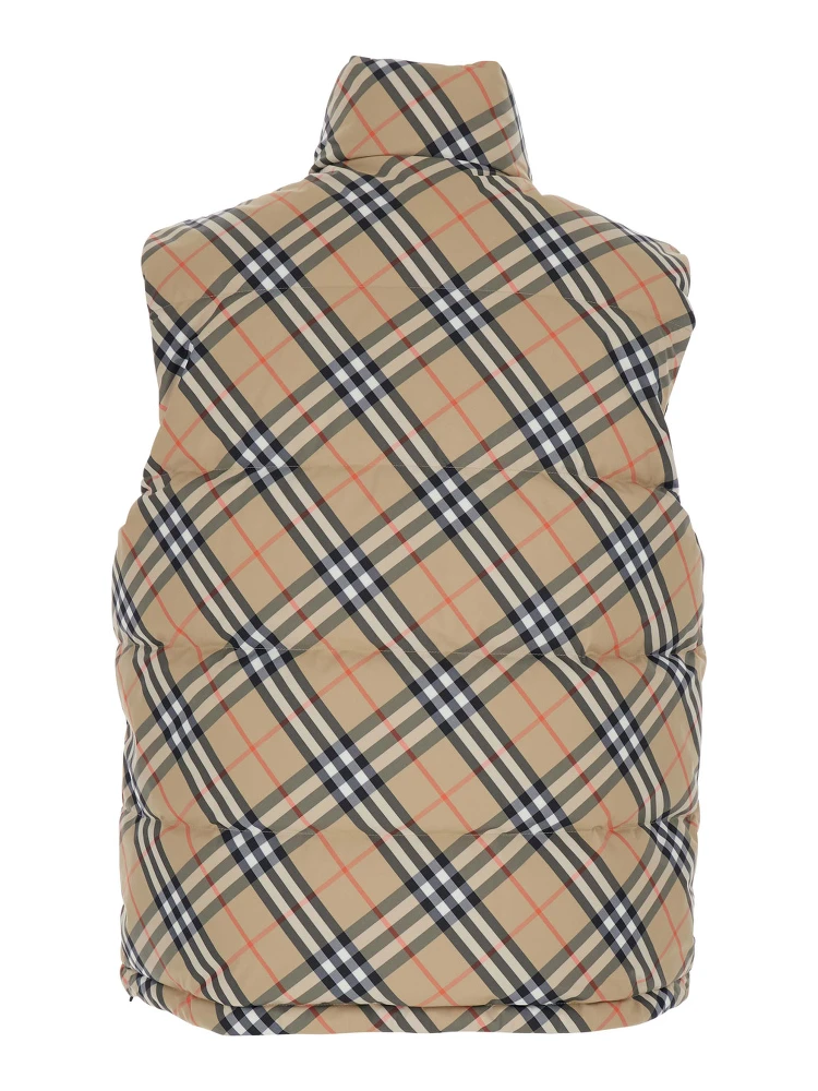 Beige Sleeveless Reversible Down Jacket with High Neck and All-Over Check Motif in Tech Fabric Man alternative