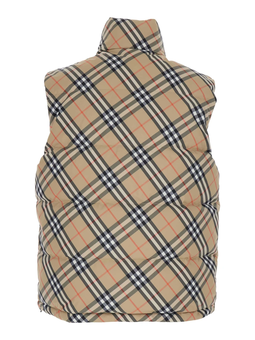 Beige Sleeveless Reversible Down Jacket with High Neck and All-Over Check Motif in Tech Fabric Man