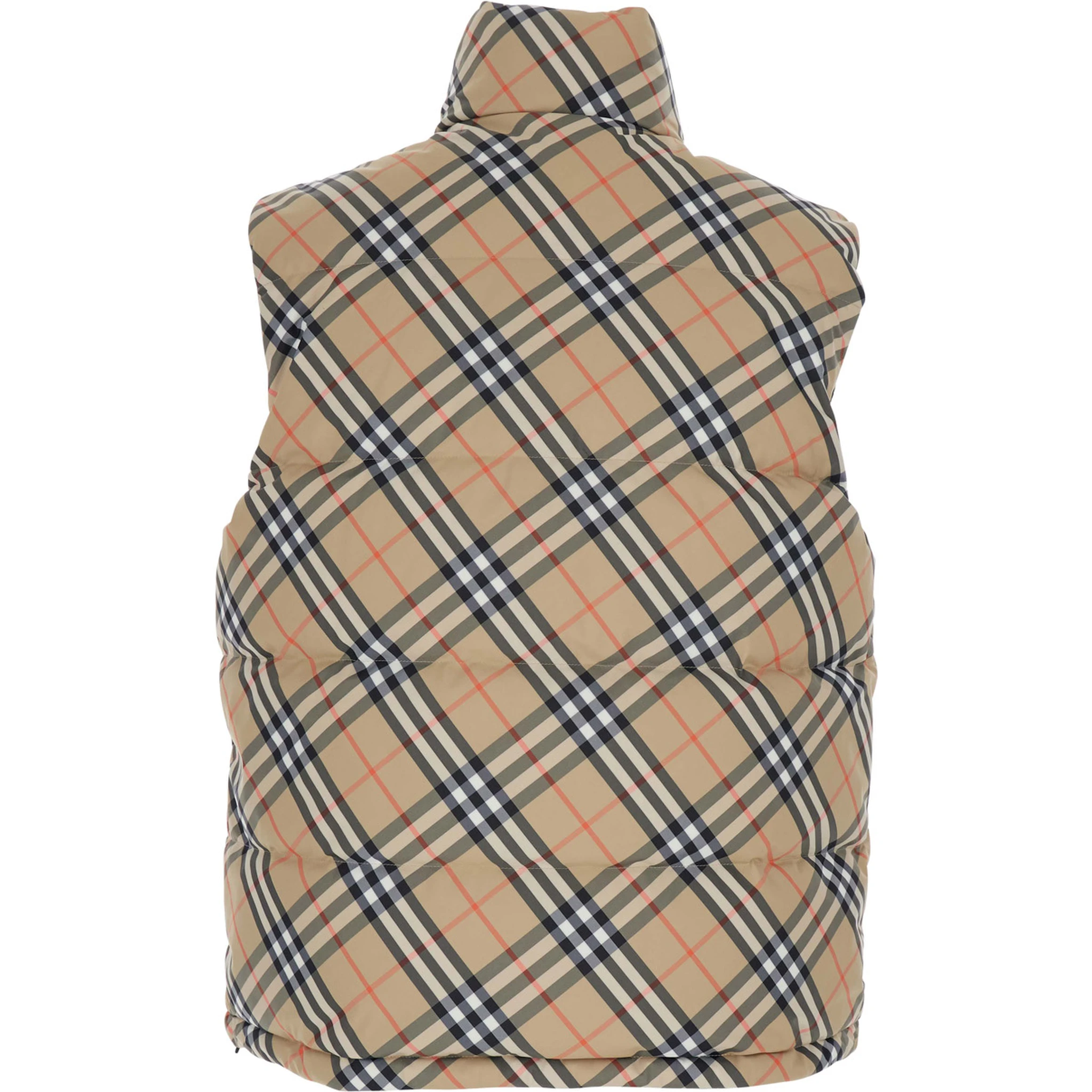 Beige Sleeveless Reversible Down Jacket with High Neck and All-Over Check Motif in Tech Fabric Man