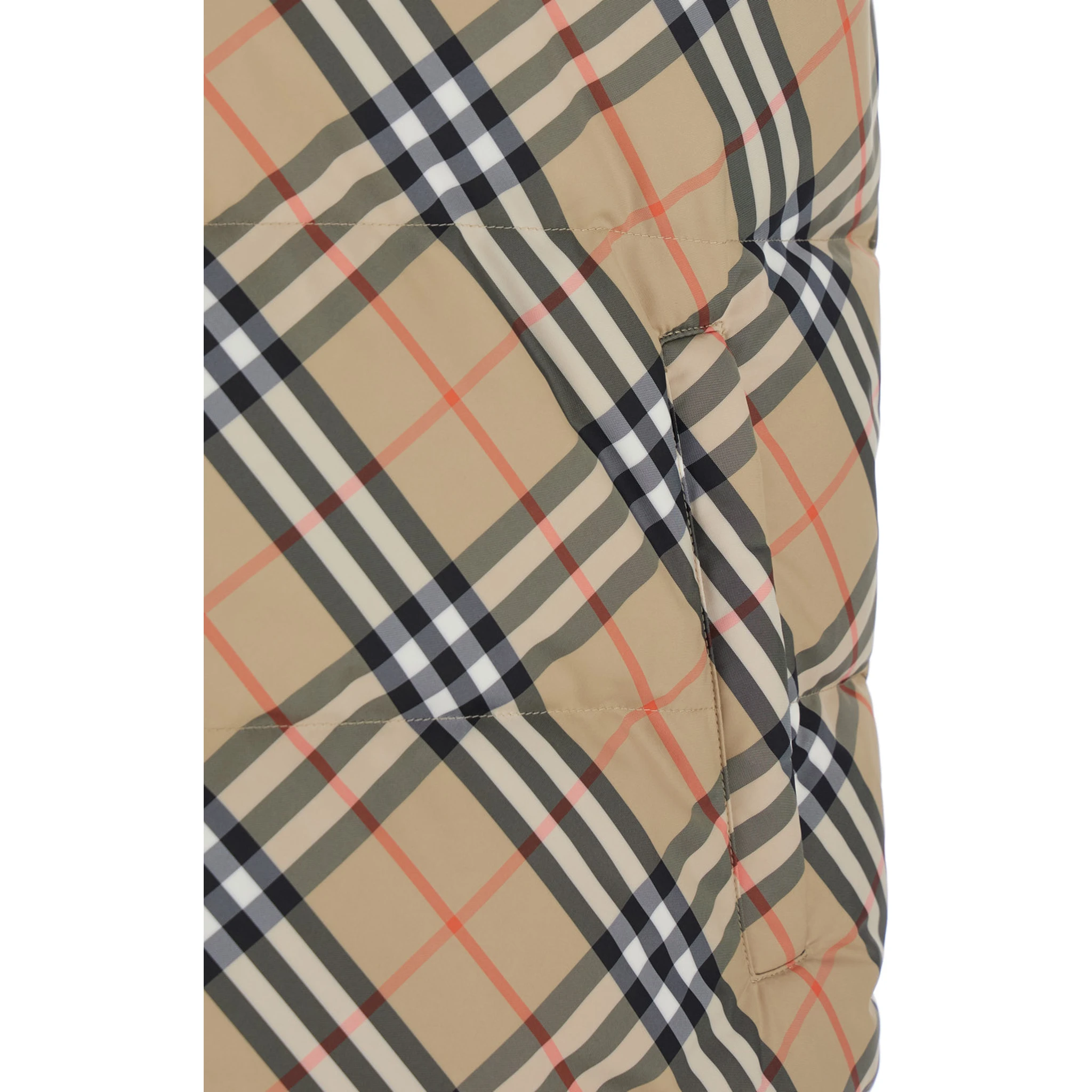 Beige Sleeveless Reversible Down Jacket with High Neck and All-Over Check Motif in Tech Fabric Man