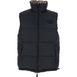 Beige Sleeveless Reversible Down Jacket with High Neck and All-Over Check Motif in Tech Fabric Man