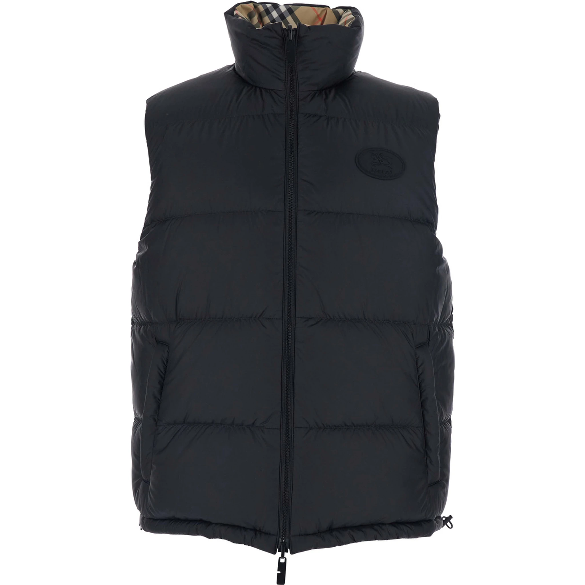 Beige Sleeveless Reversible Down Jacket with High Neck and All-Over Check Motif in Tech Fabric Man