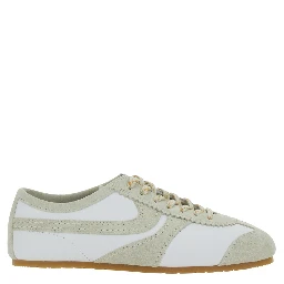 White Low Top Sneakers with Embossed Logo on the Tongue in Leather and Suede Woman