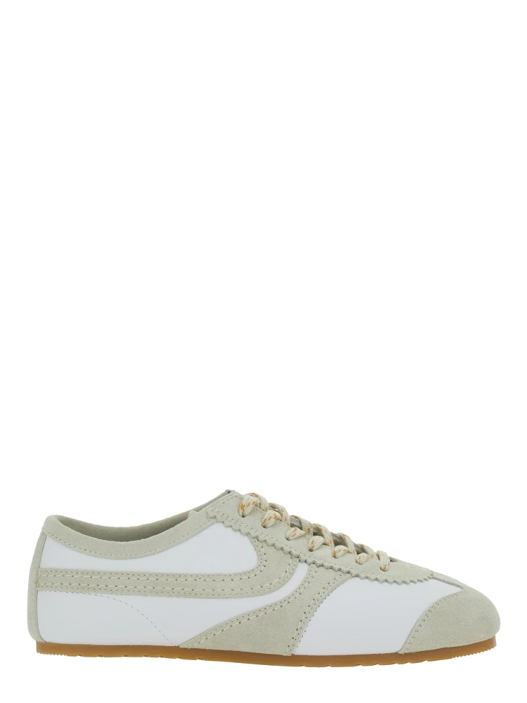 White Low Top Sneakers with Embossed Logo on the Tongue in Leather and Suede Woman