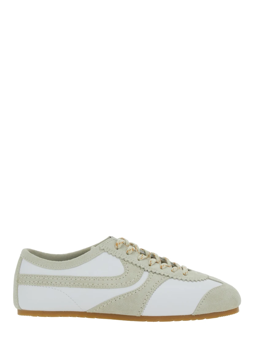 White Low Top Sneakers with Embossed Logo on the Tongue in Leather and Suede Woman