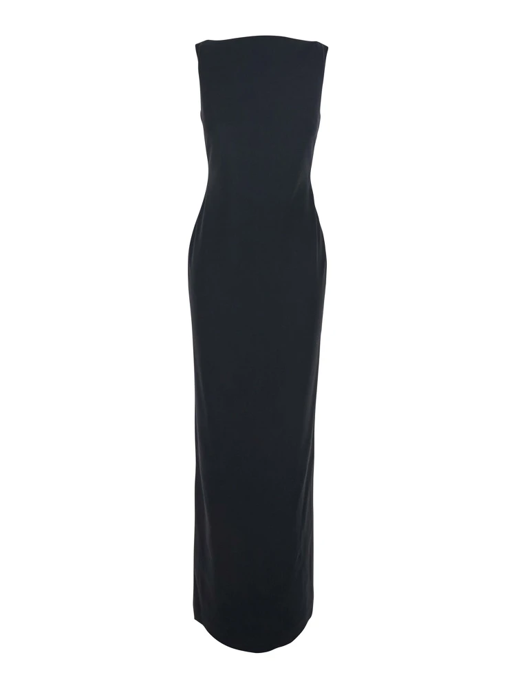 Black Long Dress with Square Neckline and Cut Out on the Back in Fabric Woman