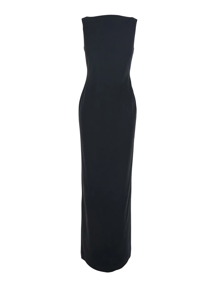 Black Long Dress with Square Neckline and Cut Out on the Back in Fabric Woman