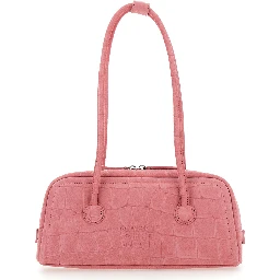 Boston Pink Shoulder Bag with Embossed Logo Lettering on the Front in Suede Woman