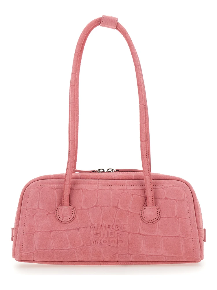 Boston Pink Shoulder Bag with Embossed Logo Lettering on the Front in Suede Woman