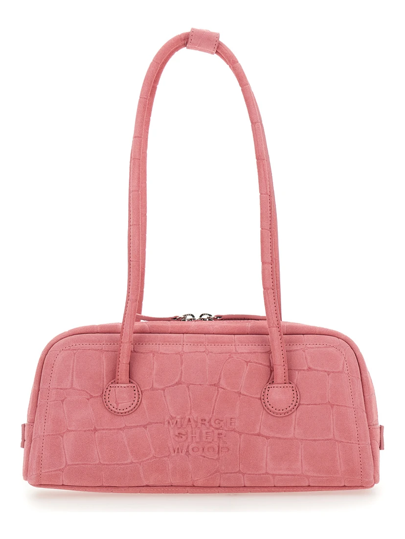 Boston Pink Shoulder Bag with Embossed Logo Lettering on the Front in Suede Woman