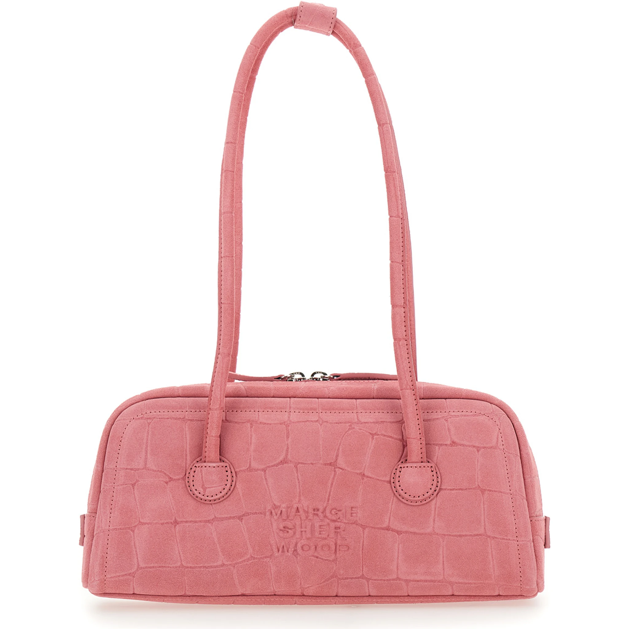 Boston Pink Shoulder Bag with Embossed Logo Lettering on the Front in Suede Woman