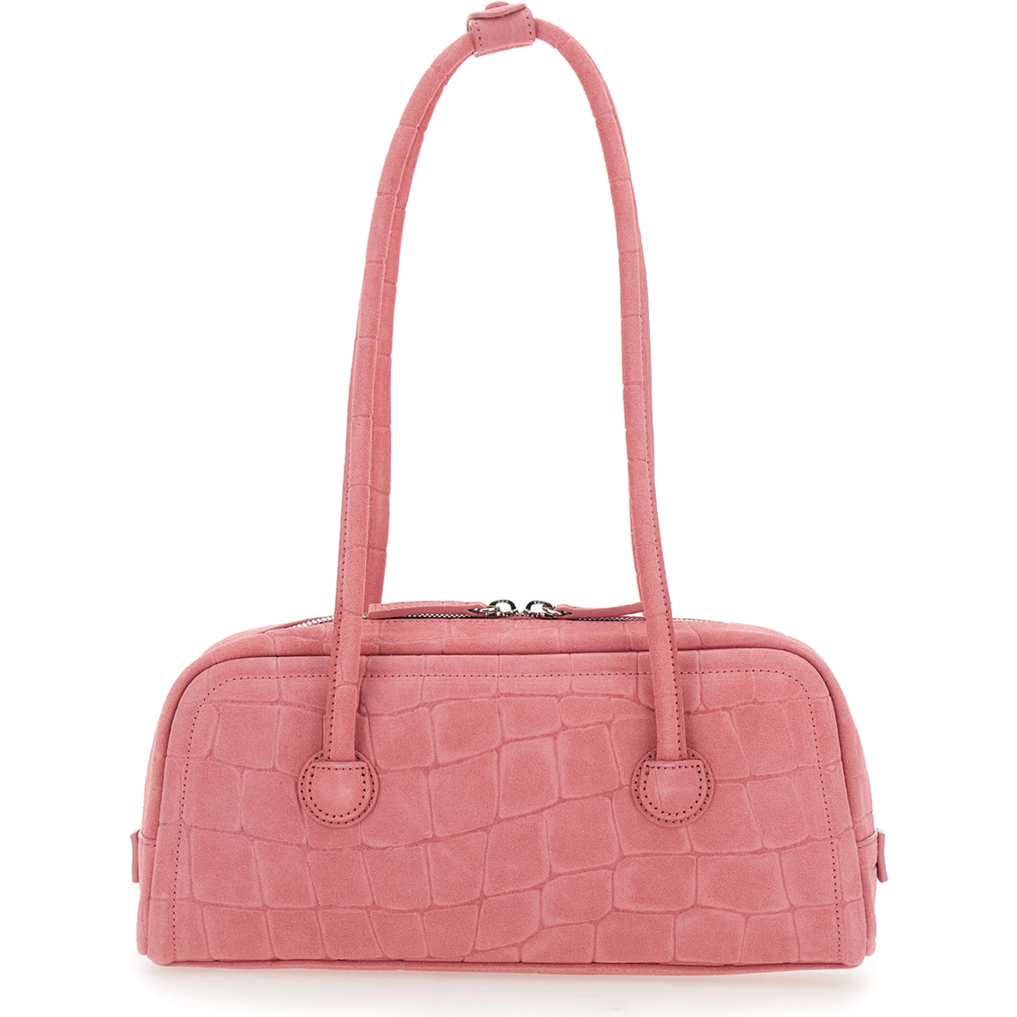 Boston Pink Shoulder Bag with Embossed Logo Lettering on the Front in Suede Woman