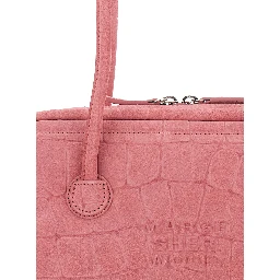 Boston Pink Shoulder Bag with Embossed Logo Lettering on the Front in Suede Woman