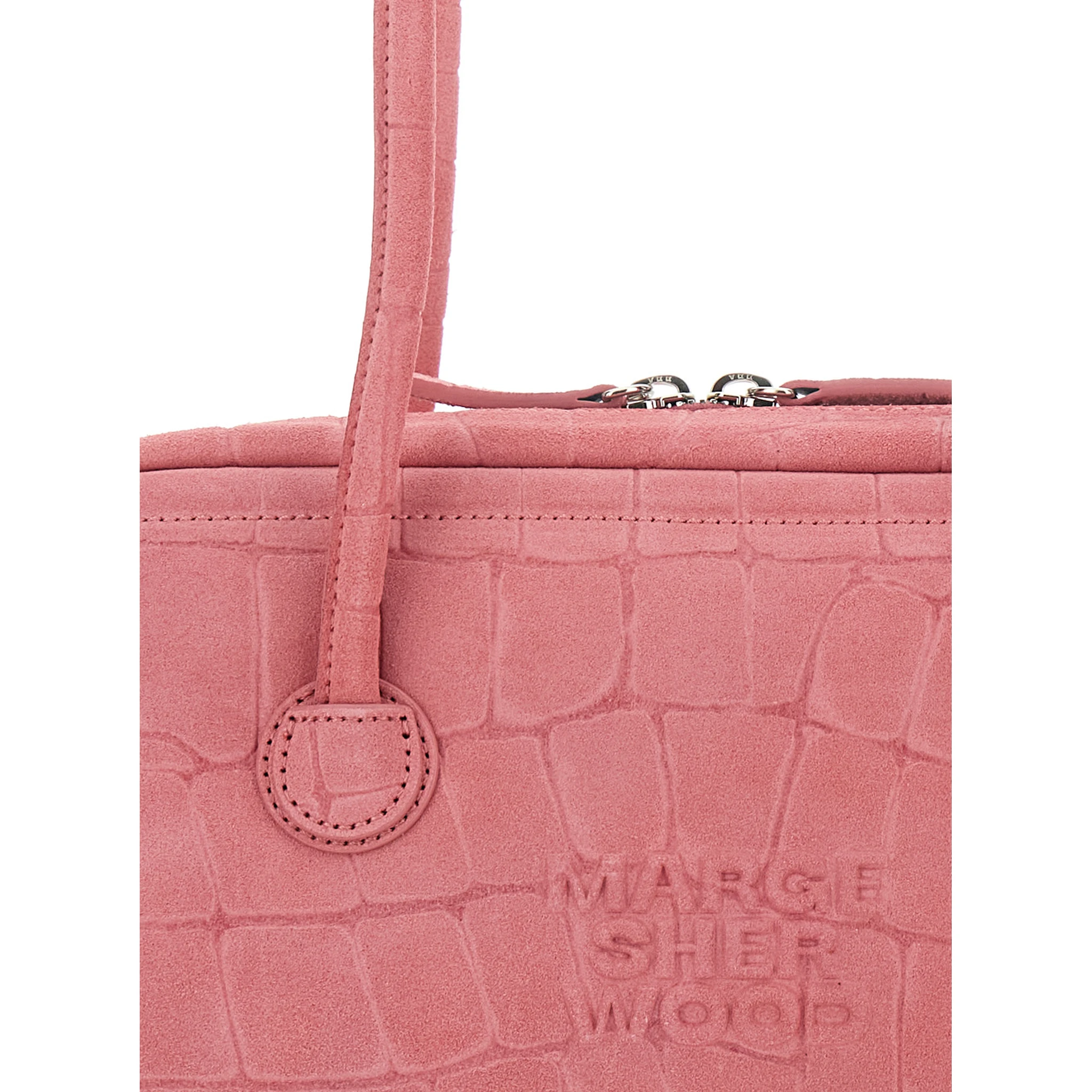 Boston Pink Shoulder Bag with Embossed Logo Lettering on the Front in Suede Woman