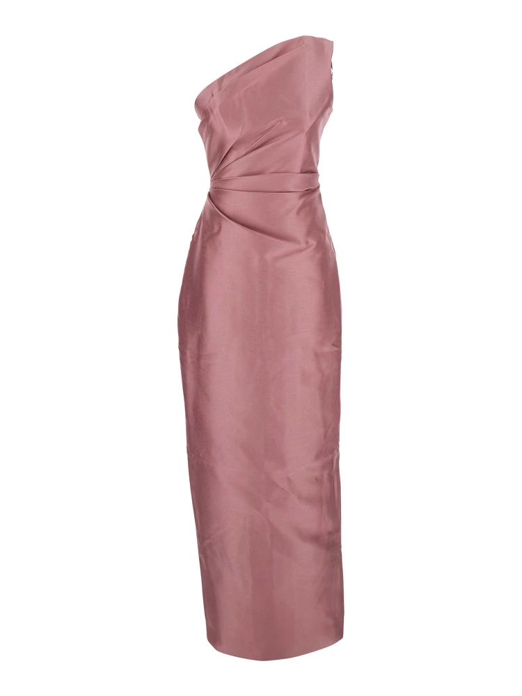 Kira Pink One-Shoulder Long Dress with Draped Details in Twill Woman
