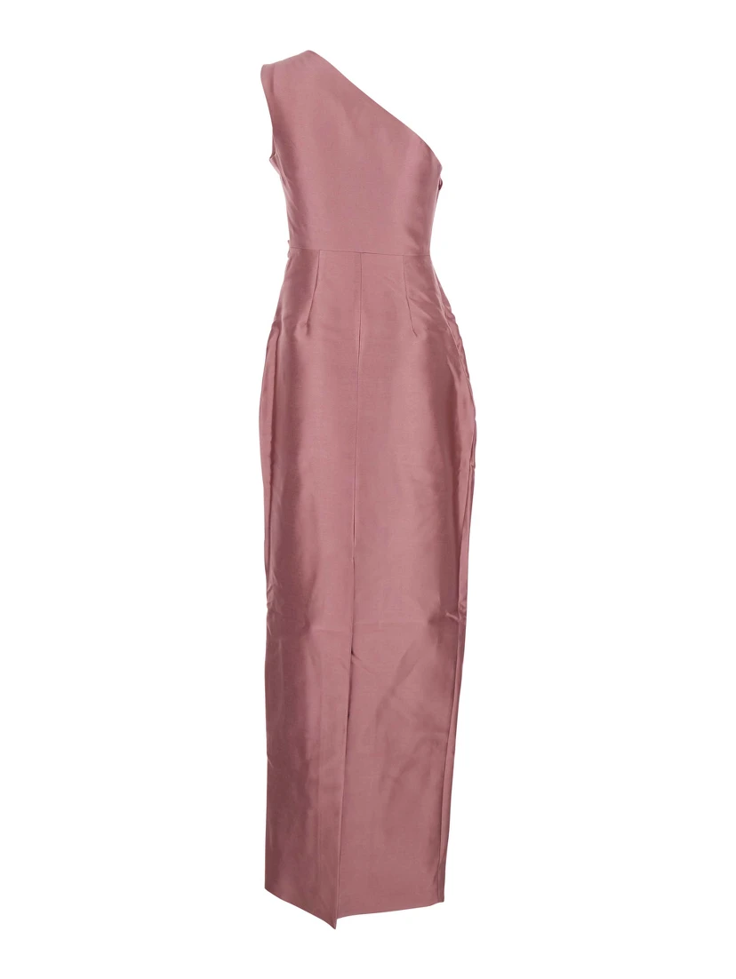 Kira Pink One-Shoulder Long Dress with Draped Details in Twill Woman