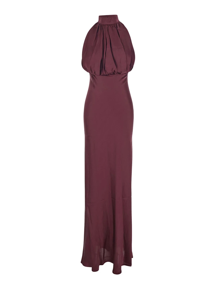 Bordeaux Off-Shoulder Long Dress with Ruched Front in Silk Woman