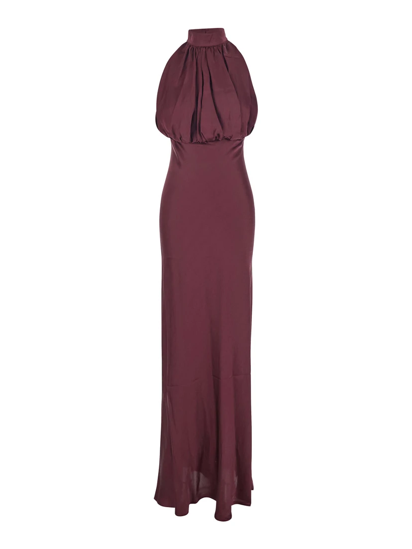 Bordeaux Off-Shoulder Long Dress with Ruched Front in Silk Woman